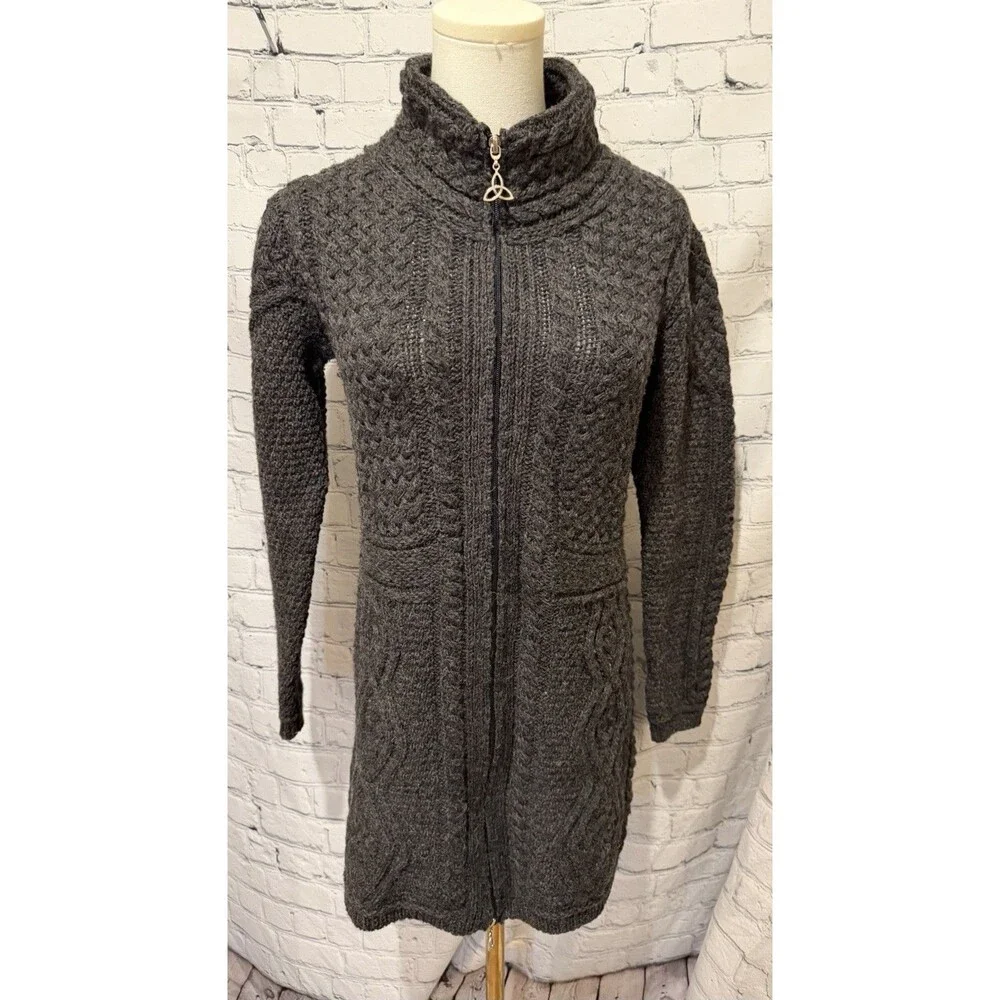 Aran Mor Sweater Cardigan Thick Cable Knit Fisherman Merino Wool Made Ireland M